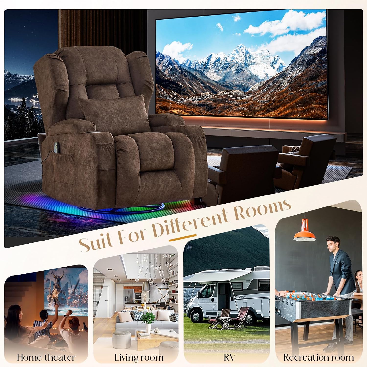 Power Swivel Rocker Recliner Chair with Massage & Heat, Dual Motor Electric Glider Rocking Recliner with USB Ports, Cup Holders & LED Light for Living Room, Home Theater (Brown)