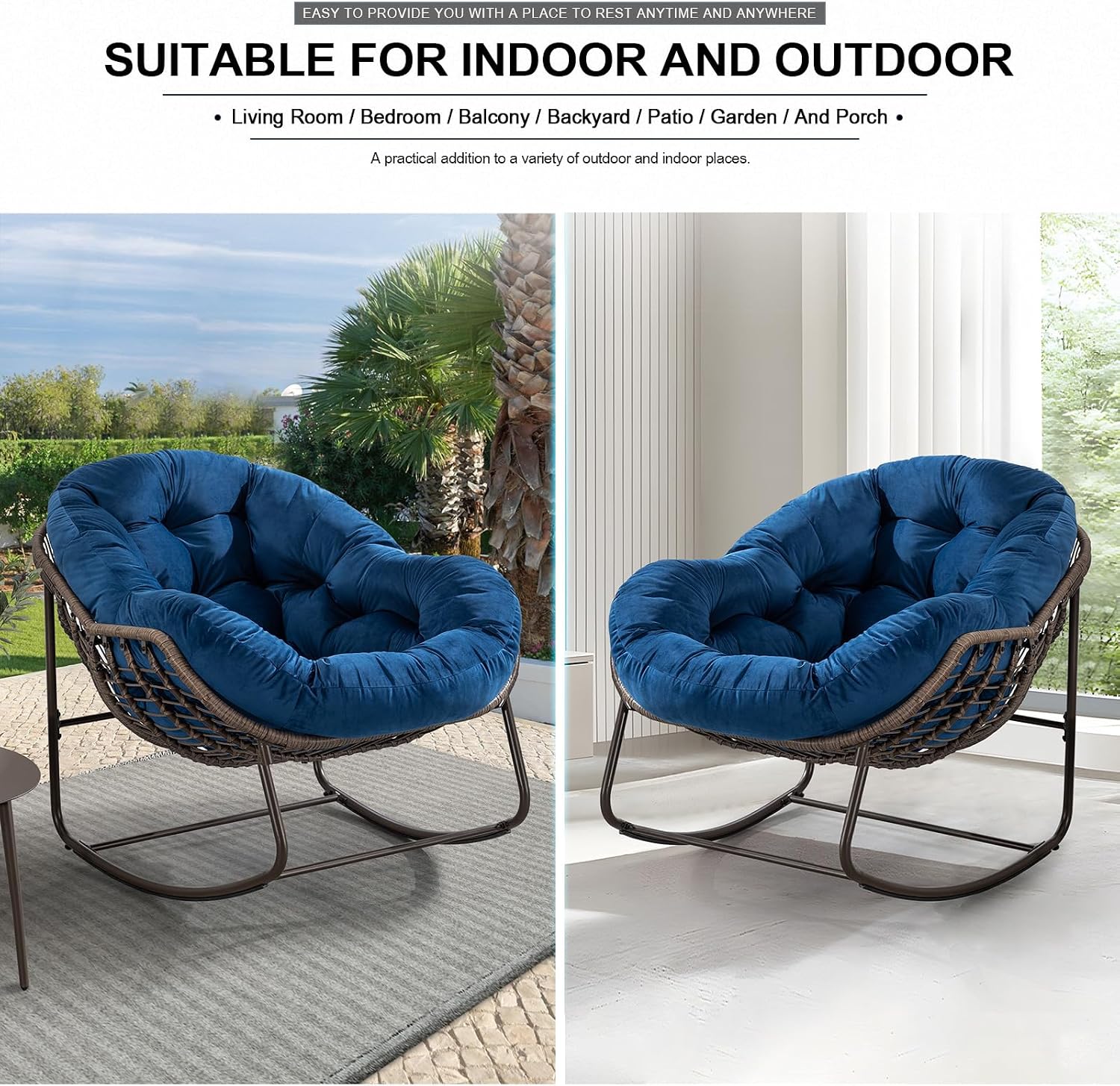 Outdoor Rocking Chair,Patio Oversized Rattan Egg Chair,Indoor Outside Padded Cushion Rocker Recliner Chair,Modern Lounge Chair for Front Porch,Garden,Backyard,Balcony,Deck,Navy Blue,Set of 1