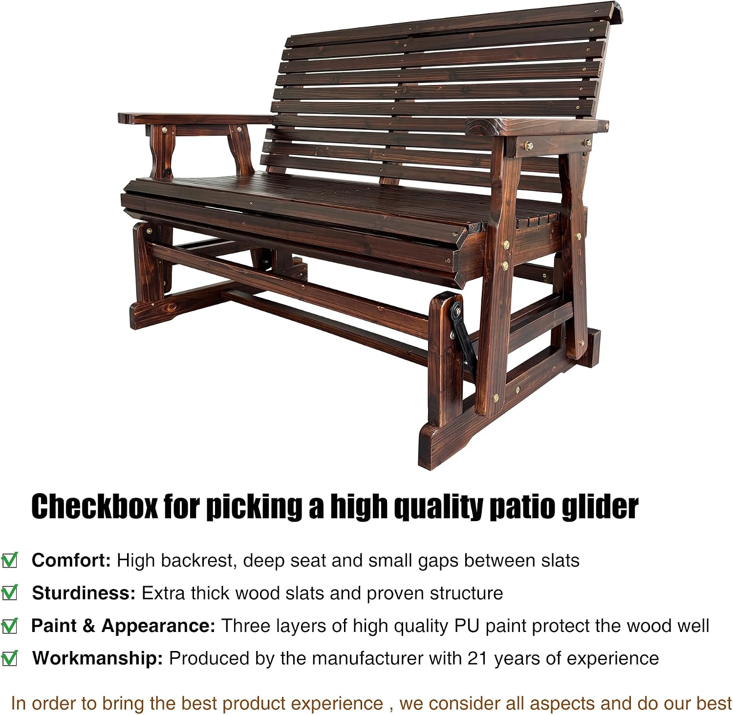 Wooden Patio Glider with High Roll Back and Deep Contoured Seat, Solid Fir Wood, 2-Seater, Heavy Duty 800 LBS, 4 Ft. (Chocolate Tone)