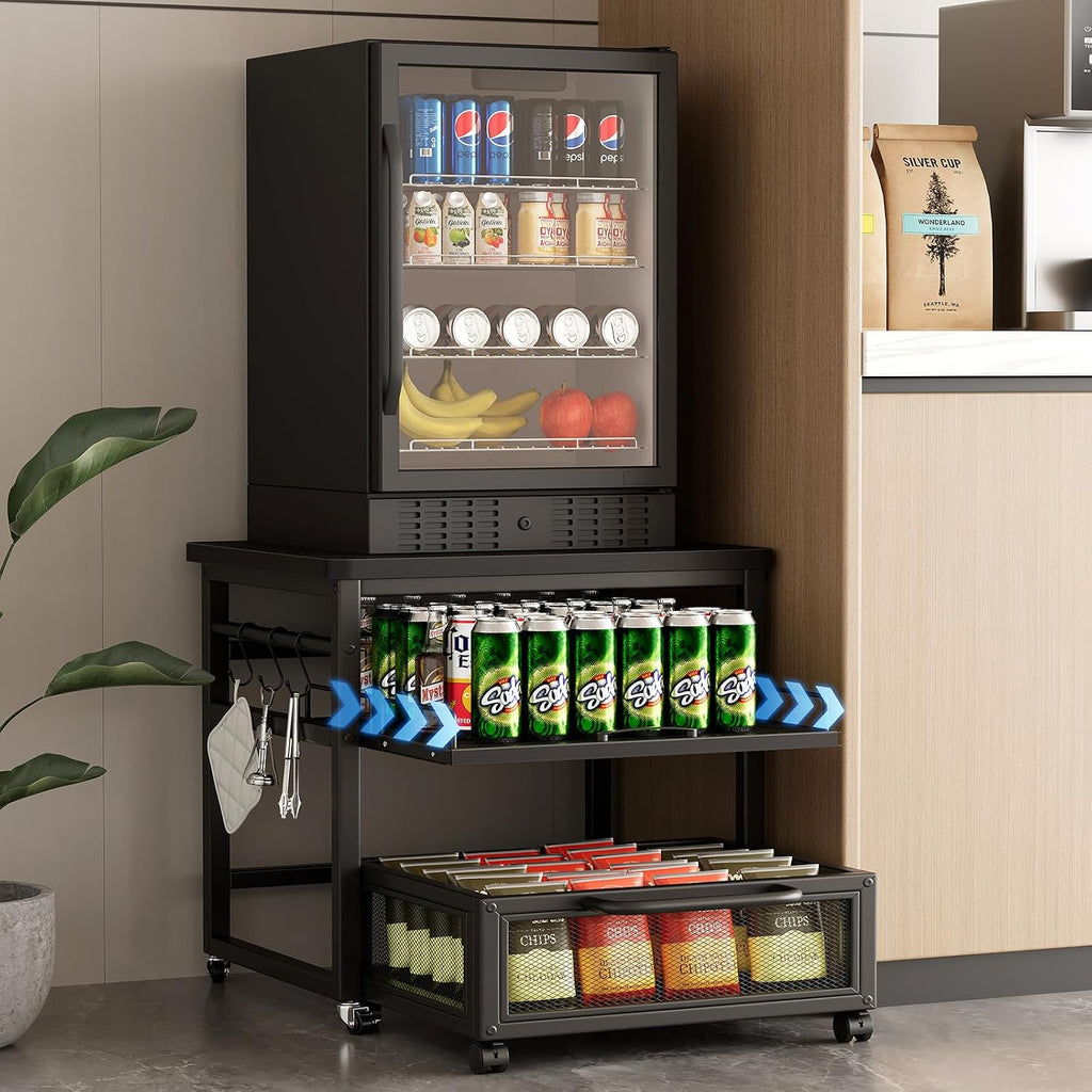 DDJ Mini Fridge Stand with Storage, 21 x 21 in Heavy Duty Mini Fridge Table with Pull-out Shelf and Lockable Wheels, Compact Refrigerator Stand with Drawer Basket for Home Office, Black