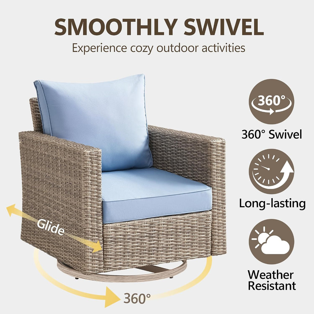 Swivel Rocking Chairs with Comfortable Cushion, PE Wicker Rattan Swivel Chairs, Set of 2 with Cushions for Poolside, Garden, Backyard, Blue