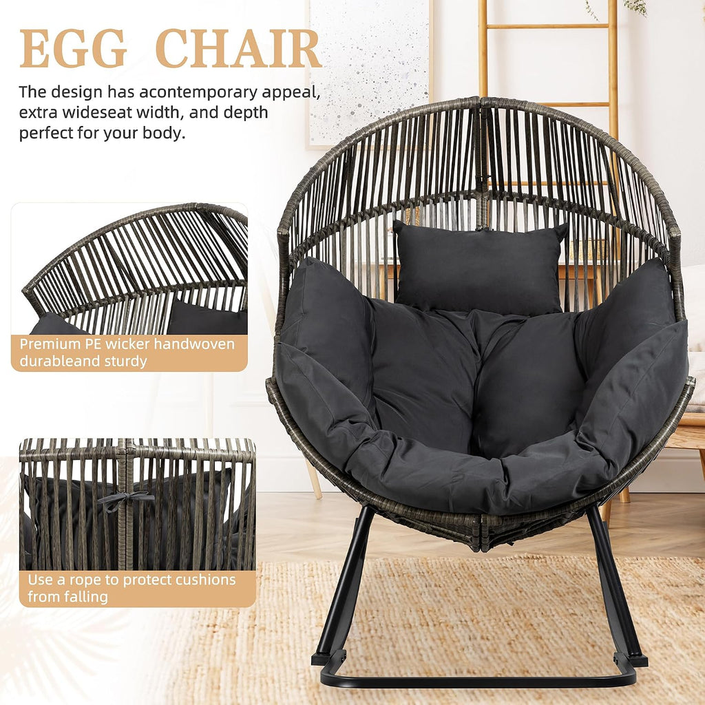 Vongrasig Wicker Egg Chair PE Rattan Rocking Chair with Cushion, Oversized Patio Lounge Rocker Chair for Outdoor, Indoor, Balcony, Backyard, Garden, Black/Rattan