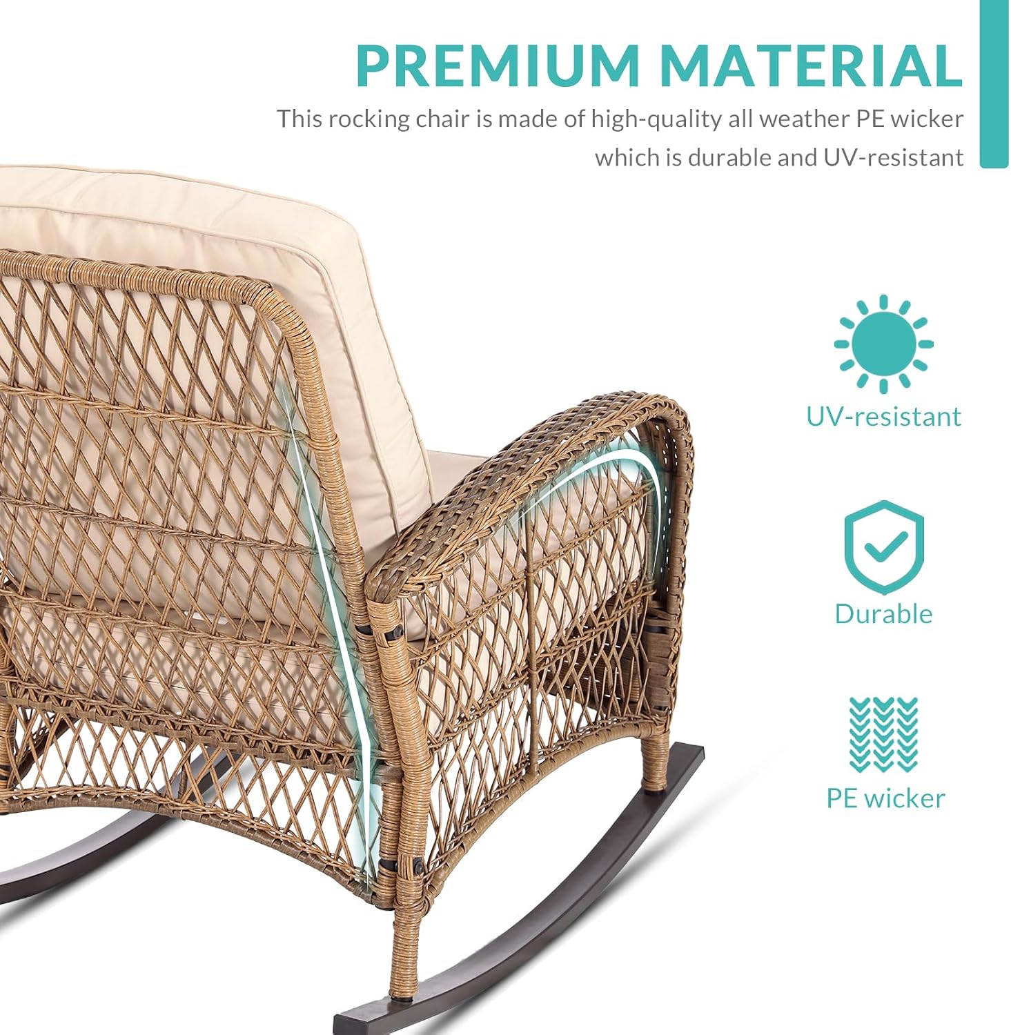 MEETWARM Outdoor Wicker Rocking Chair, Rattan Patio Rocker Chairs with Cushions and High Back, All-Weather Patio Wicker Chair with Safe Rocking Design for Garden Backyard Porch, Brown/Beige