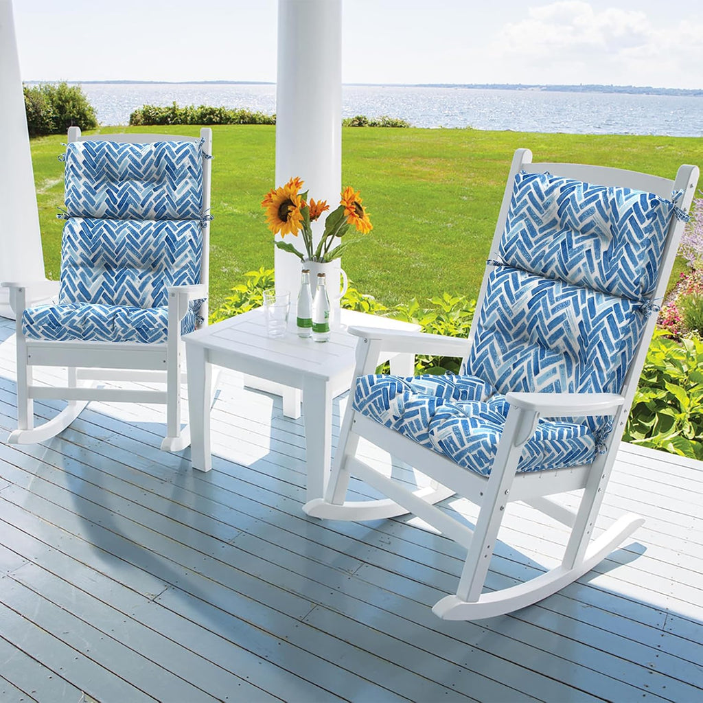 DYTXIII Outdoor High Back Chair Cushions Set of 2, Water Repellent Tufted Rocking Seat Cushions Replacement 44 x 22 Inch, Seat & Back Chair Pads for Patio, Balcony and Indoor Use -Blue Bricks