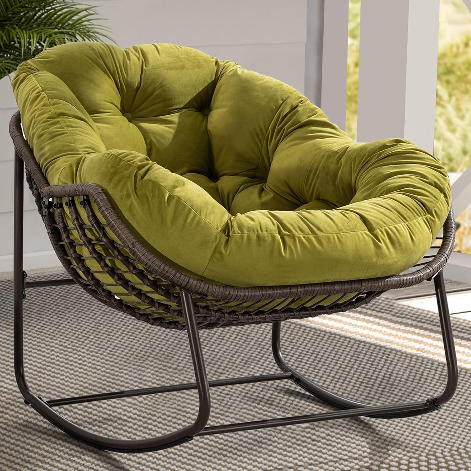 HRVEOCEI Papasan Rocking Chair with Cushion and Frame, Oversized Rocking Chair Indoor/Outdoor, Circle Chairs for Patio Garden Front Porch, Corduroy/Velvet (Olive)