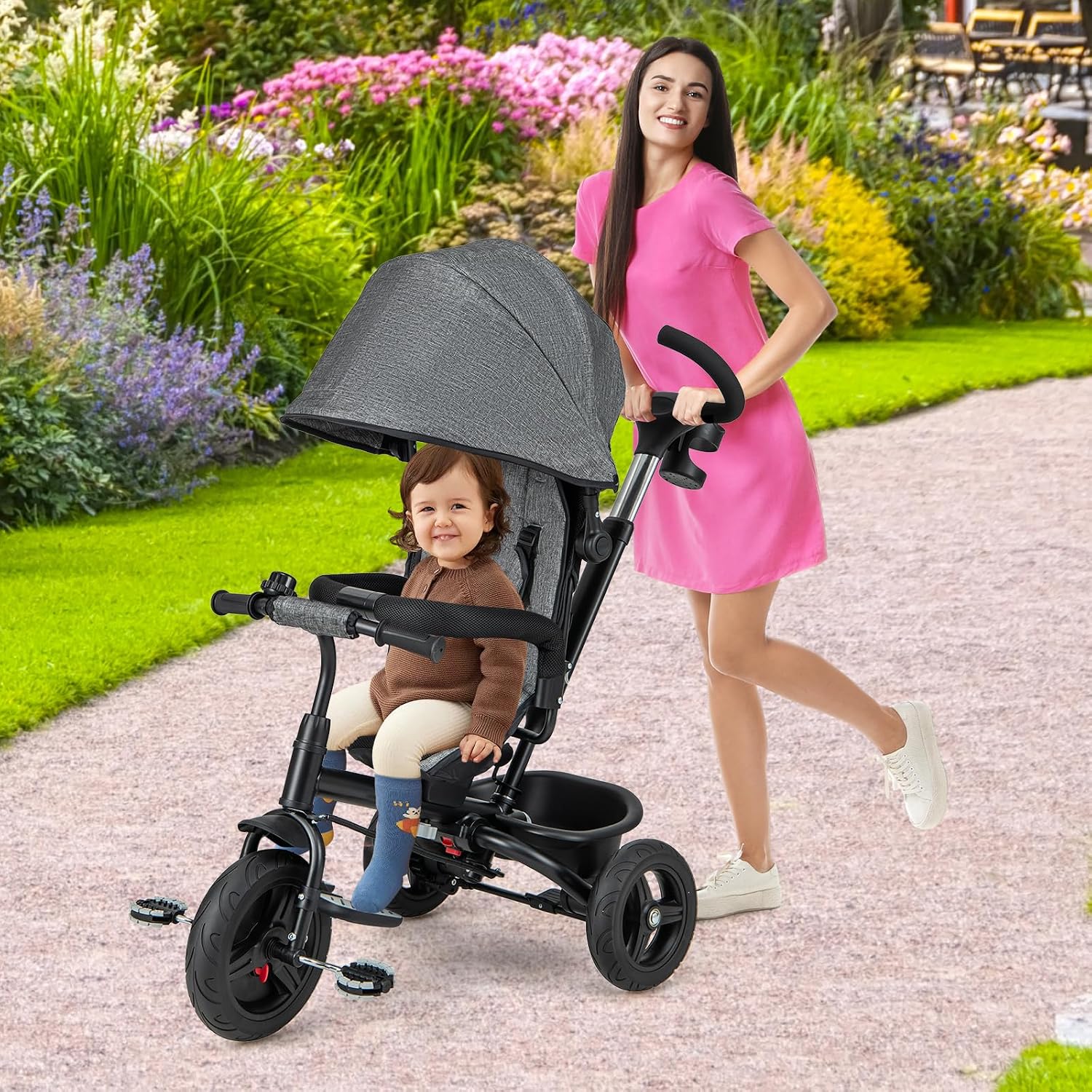 HONEY JOY Tricycle, 6 in 1 Kids Trike Stroller w/Adjustable Push Handle & Canopy, Reversible Seat, Safety Belt, Folding Pedal, Cup Holder, Storage, Push Tricycle for Toddlers 9 Months-5 Years (Gray)