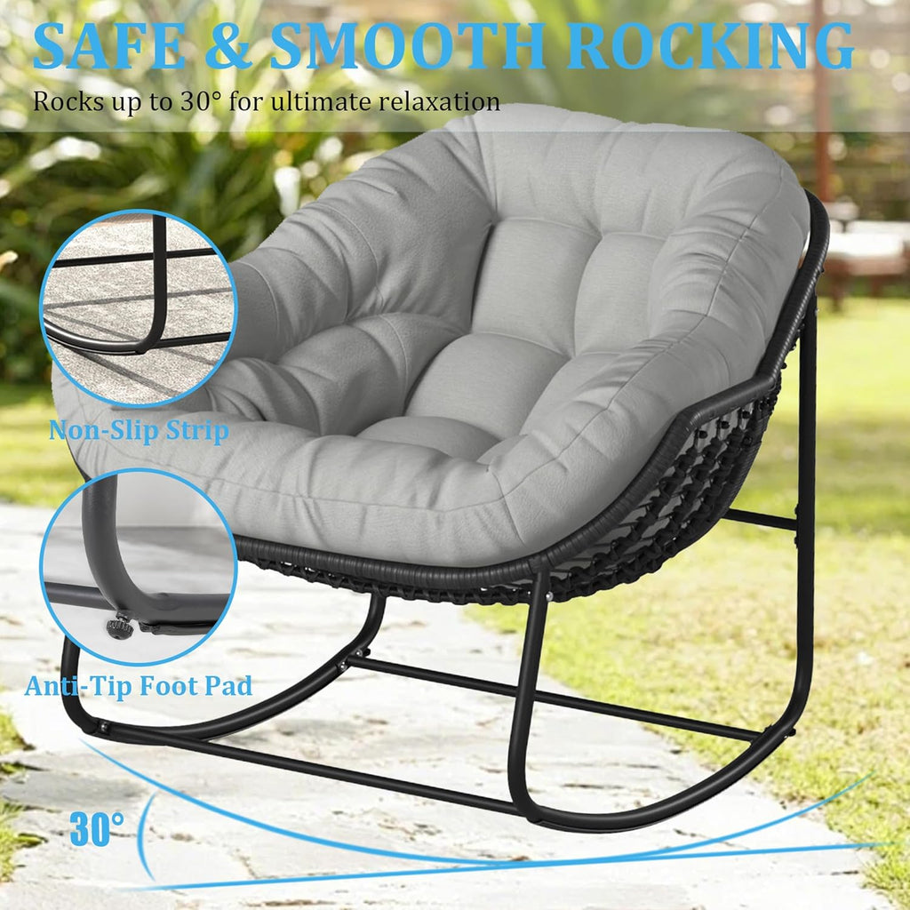 Rocking Chair Outdoor, Oversized Papasan Rocking Chair Indoor with 6' Thick Padded Cushion, Comfy Rattan Rocker Egg Chair for Patio, Backyard, Garden, Balcony, Lawn, Up To 450lbs, Light Gray