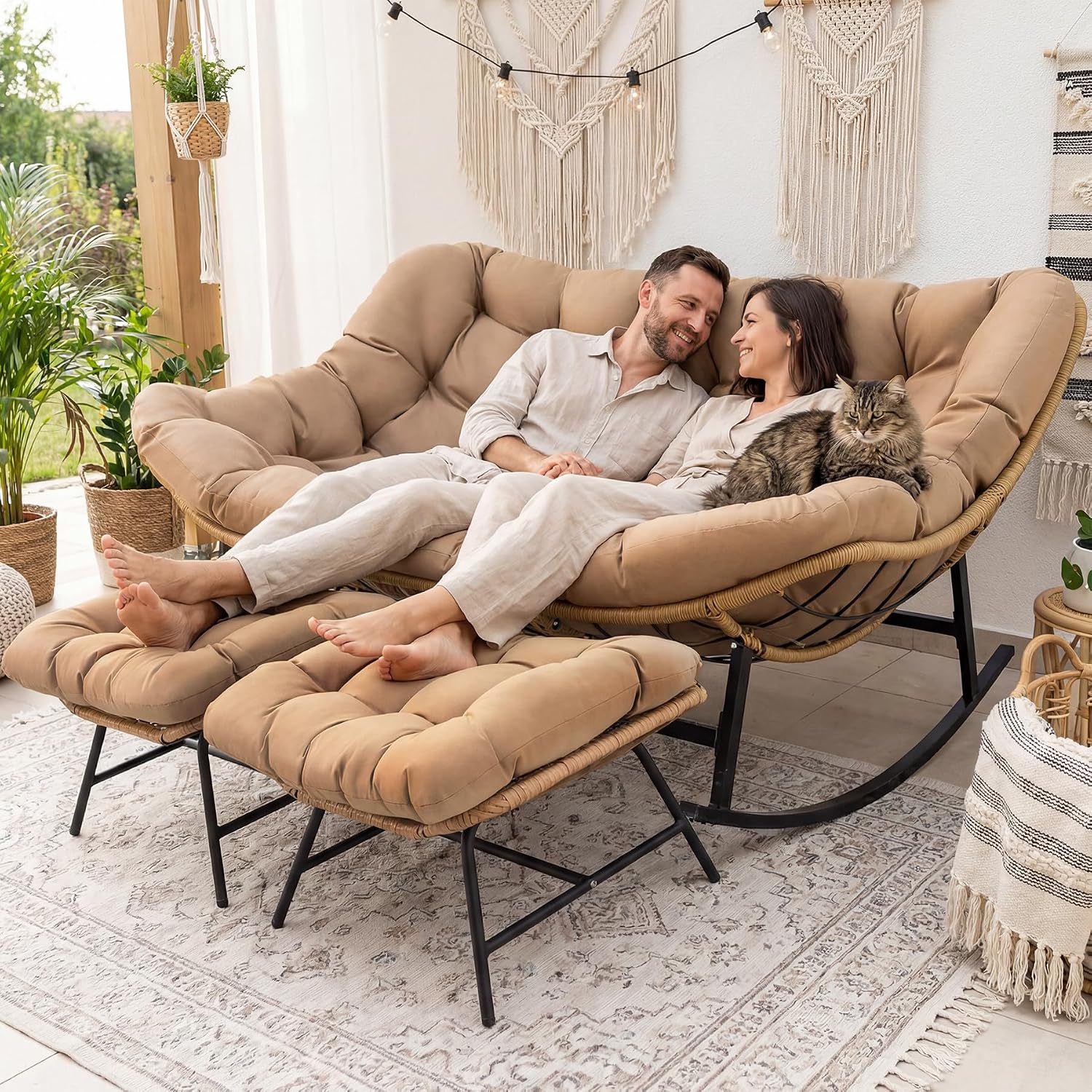 NICESOUL Patio Double Rocking Papasan Chair with Ottoman, Indoor Outdoor Padded Rocking Chair for 2 Person, Oversized Egg Loveseat Wide Rattan Cozy Royal Rocker for Lawn, Garden, Deck, Tan