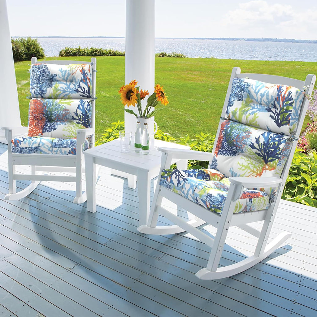 DYTXIII Outdoor High Back Chair Cushions Set of 2, Water Repellent Tufted Rocking Seat Cushions Replacement 44 x 22 Inch, Seat & Back Chair Pads for Patio, Balcony and Indoor Use -Coral Multi