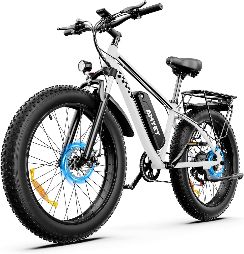 AMYET EB26 Electric Bike for Adults Peak 1500W Electric Bicycle 48V 15AH (720WH) Battery Electric Bike 26' Fat Tire Mountain 28mph 7 Speed Gears Ebike (White)