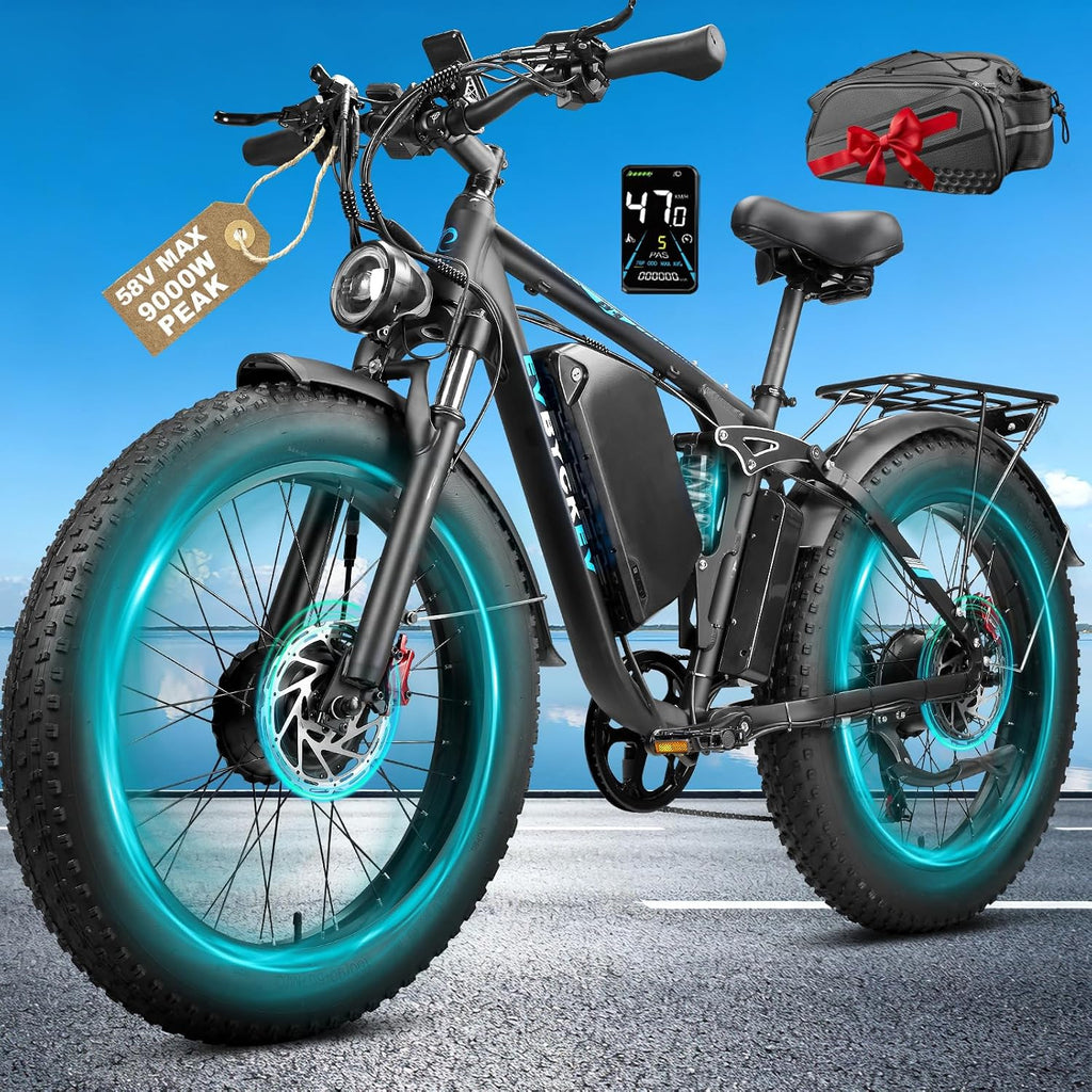 9000W Peak Dual Motor Ebike for Adults 47 MPH Fast Electric Bike, 58V Max 1972 Wh Up to 105 Miles Ebikes,24' Fat Tire E-Bike,Full Suspension Electric Bicycle for Mountain Commuter Snow