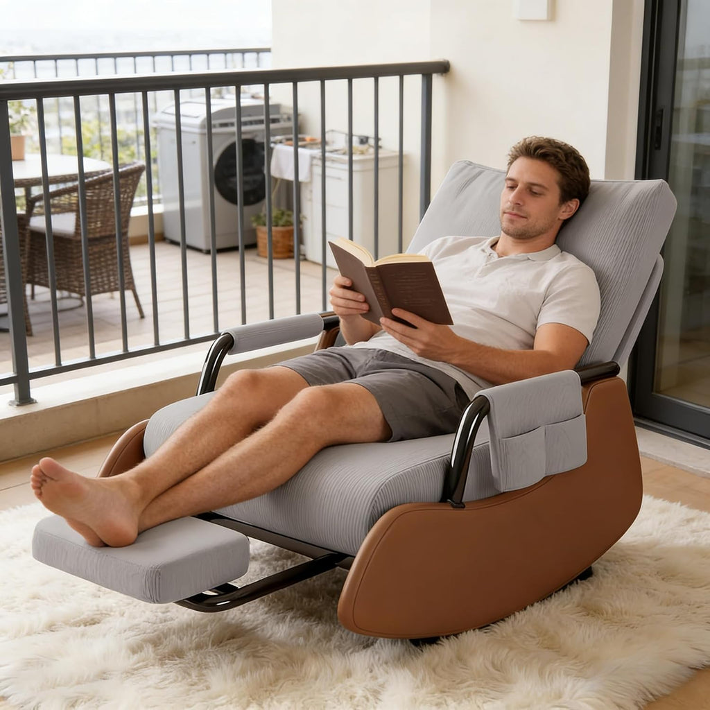JPBSTO Rocking Chair Nursery, Upholstered Glider Rocking Chair with Side Pocket and Adjustable High Backrest, Foldable Rocker Recliner with Footrest Perfect for Living Room Bedroom, Grey