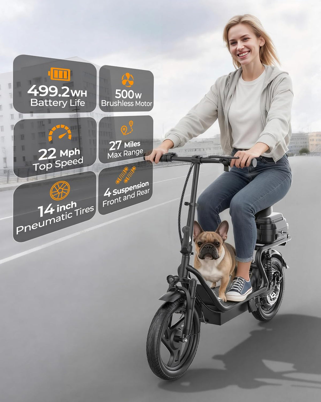 Electric Scooter, 350W/ 500W Motor, 19 MPH to 22MPH, 21 to 40 Miles Range, Dual Suspension, Dual Braking, App Control, Foldable Commuter E Scooter for Adults and Teens