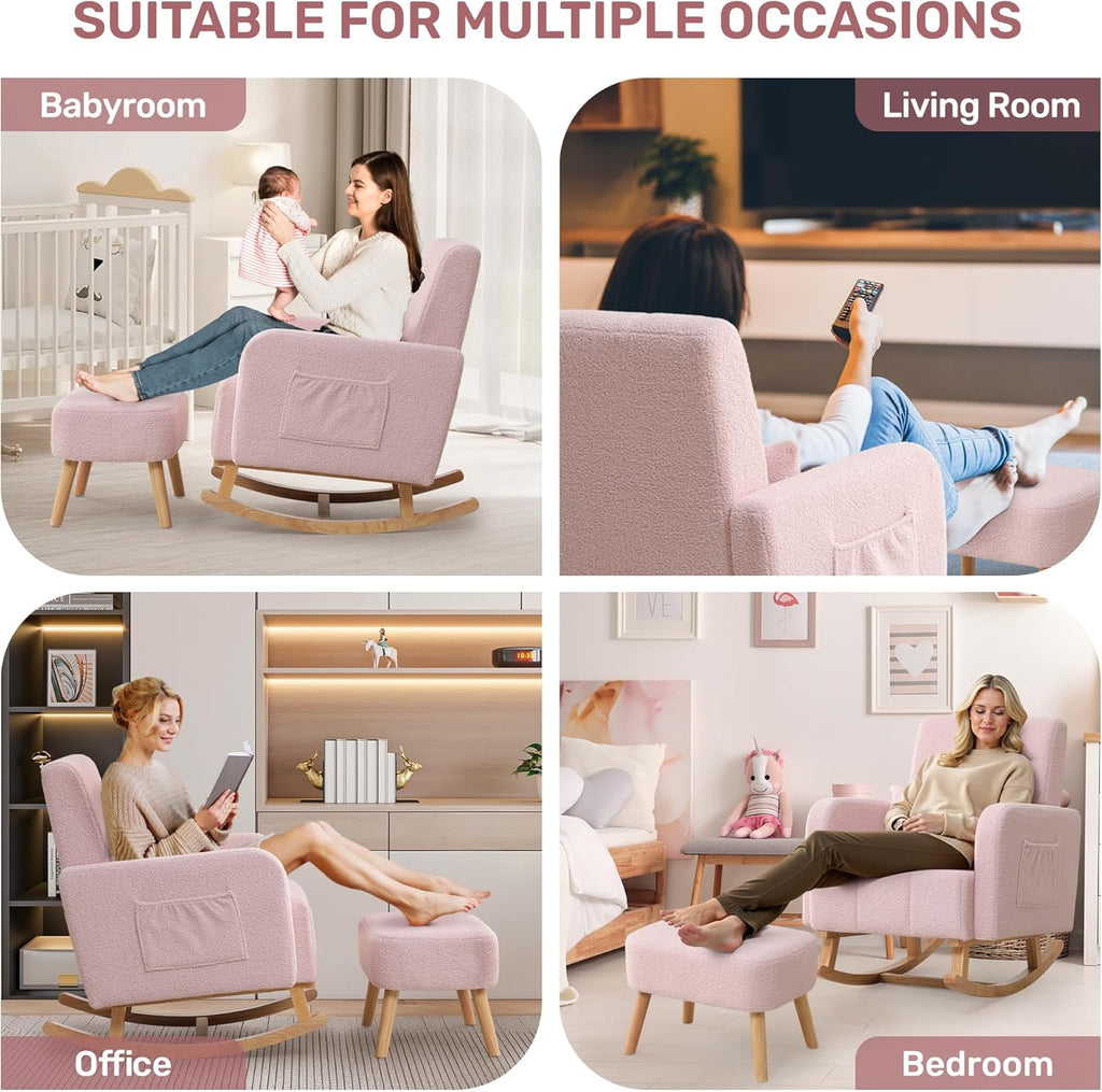 HCHAIRH Rocking Chair with Ottoman, Upholstered Glider Rocker Armchair with High Backrest and Side Pocket, Comfy Reading Chair with Solid Wood Legs for Nursery, Living Room,Bedroom, Pink