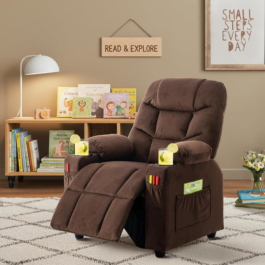 Donut Larger Kids Reclining Chair Velvet Fabric Recliner Sofa Push Back Lounge Children Toddler Boys Girls Ages 3-12 with Dual Cup Holders and 4 Pockets