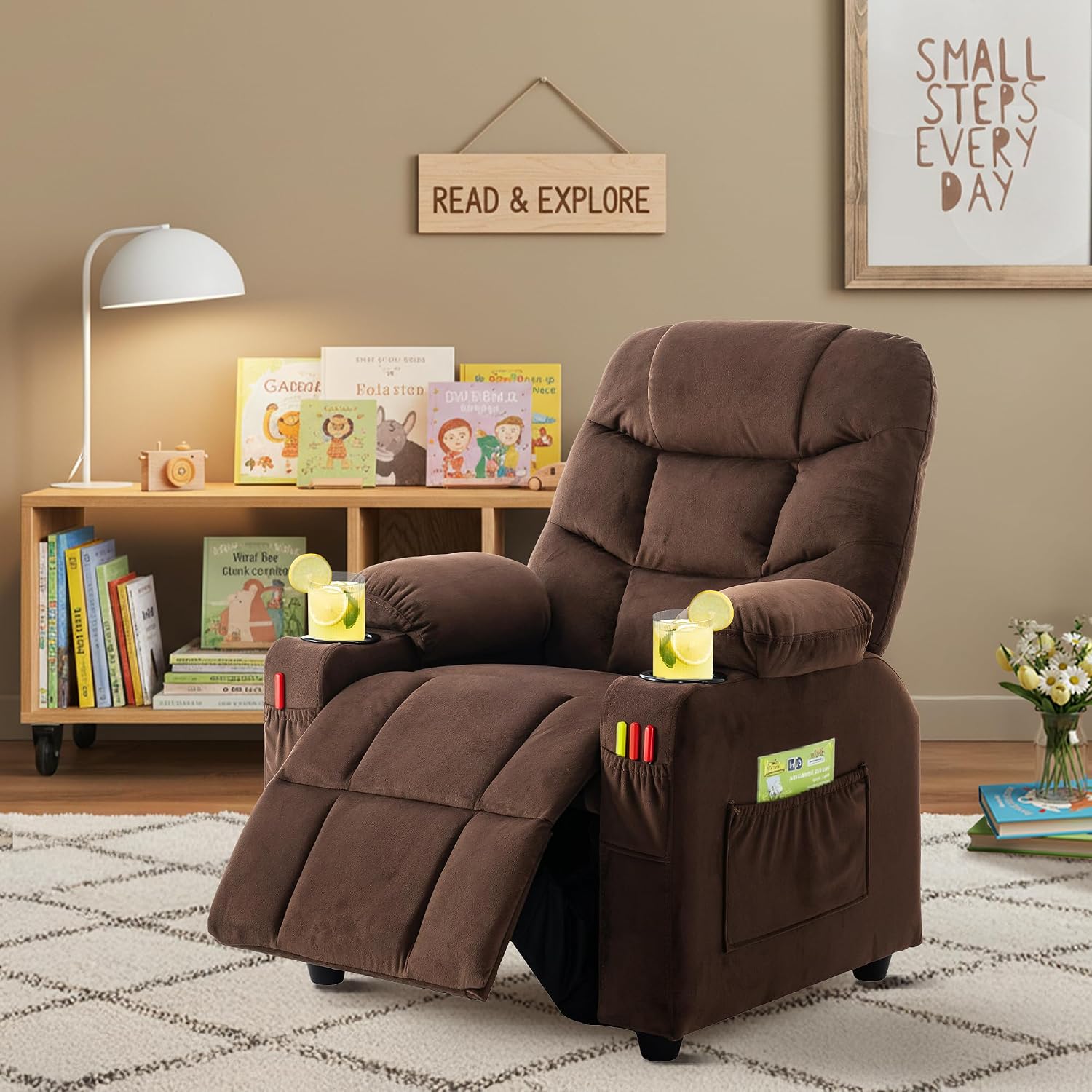 Donut Larger Kids Reclining Chair Velvet Fabric Recliner Sofa Push Back Lounge Children Toddler Boys Girls Ages 3-12 with Dual Cup Holders and 4 Pockets