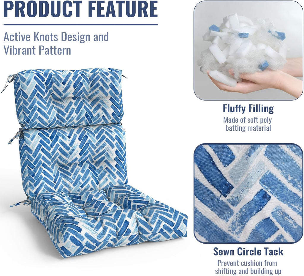 Outdoor High Back Patio Chair Cushions, Tufted Rocking Chair Cushions, Adirondack Cushions for Garden Porch Home Office Chair Use, 44' x 22' x 4', 2 Pack, Blue Bricks