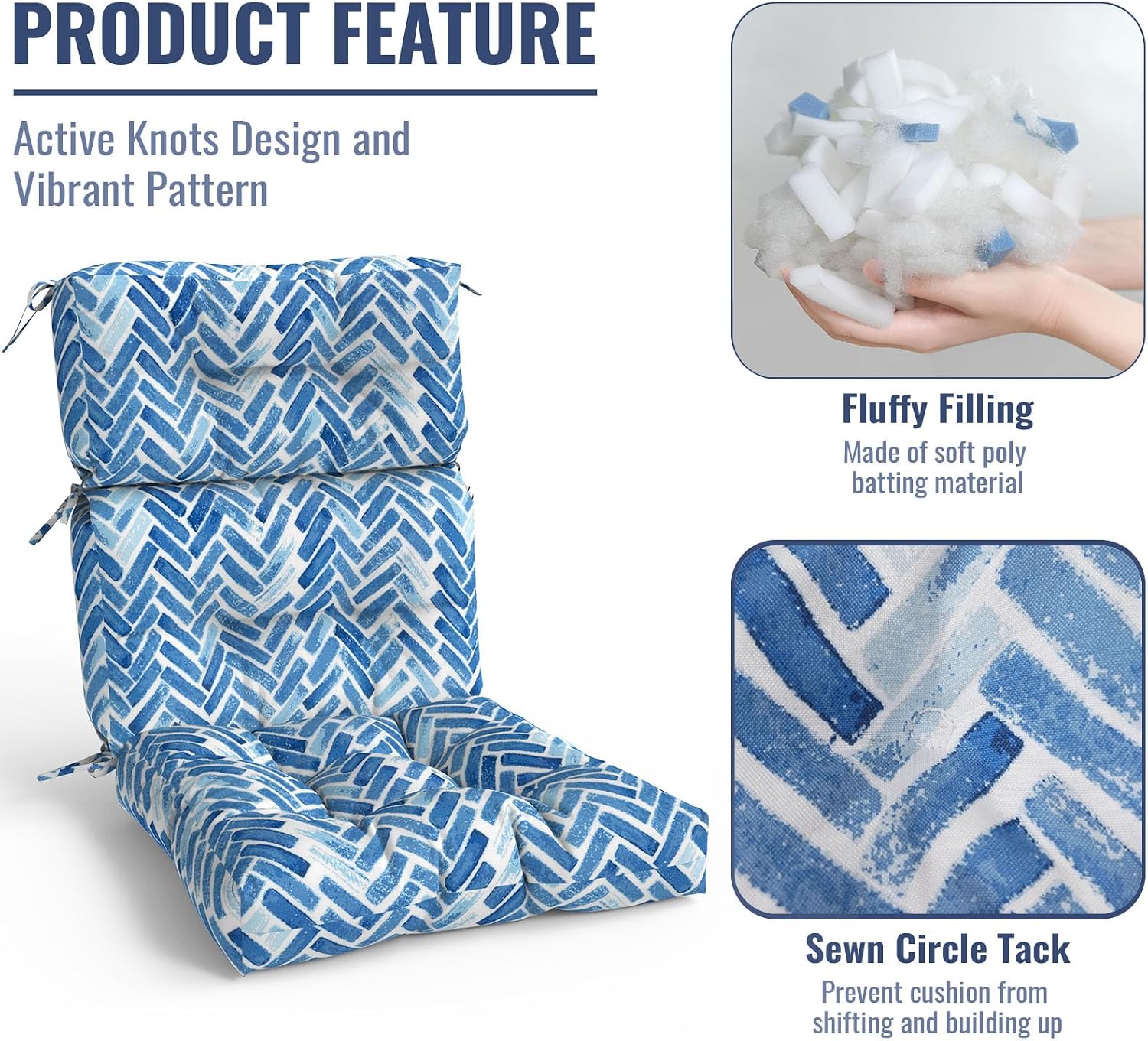 Outdoor High Back Patio Chair Cushions, Tufted Rocking Chair Cushions, Adirondack Cushions for Garden Porch Home Office Chair Use, 44' x 22' x 4', 2 Pack, Blue Bricks