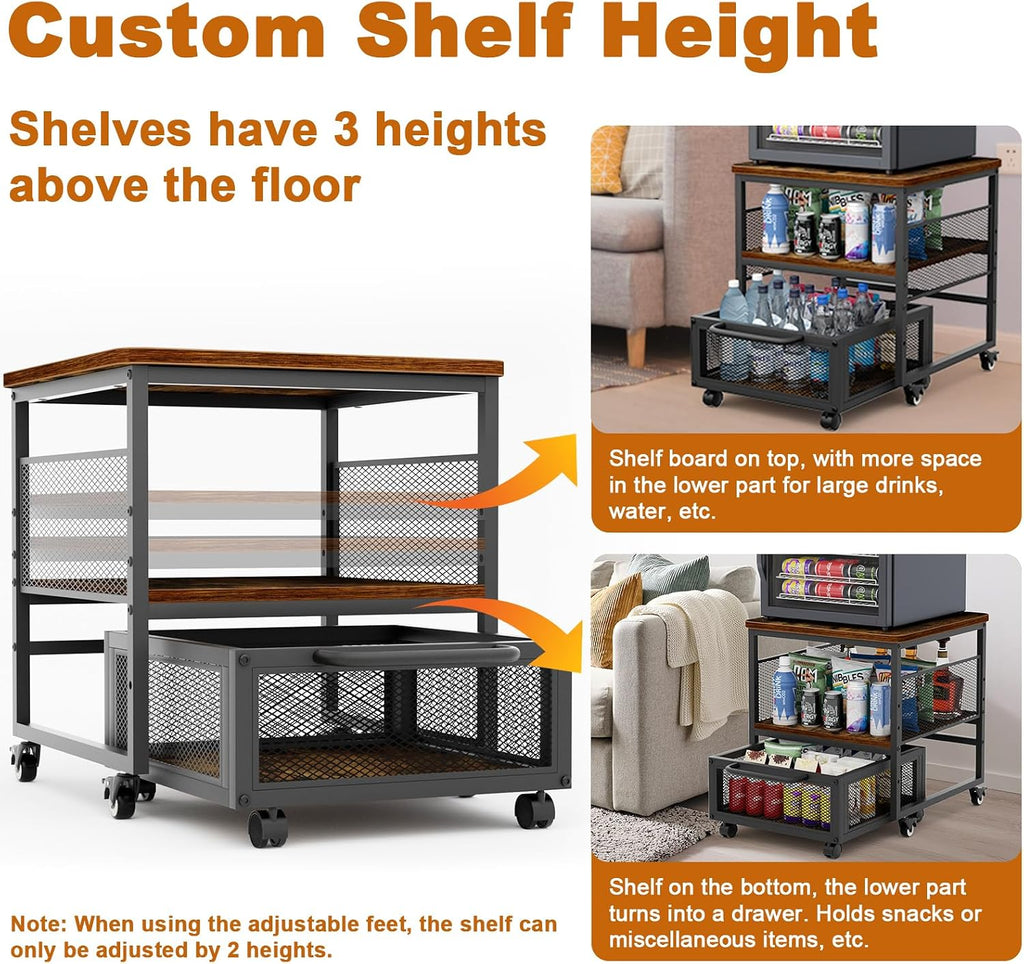 21x21in Mini Fridge Stand with Storage, Heavy Duty Mini Fridge Table with 4 Lockable Wheels for Coffee Bar 220LBS Compact Beverage Refrigerator Stand Cabinet Dorm Fridge Cart for Office Home (Brown)