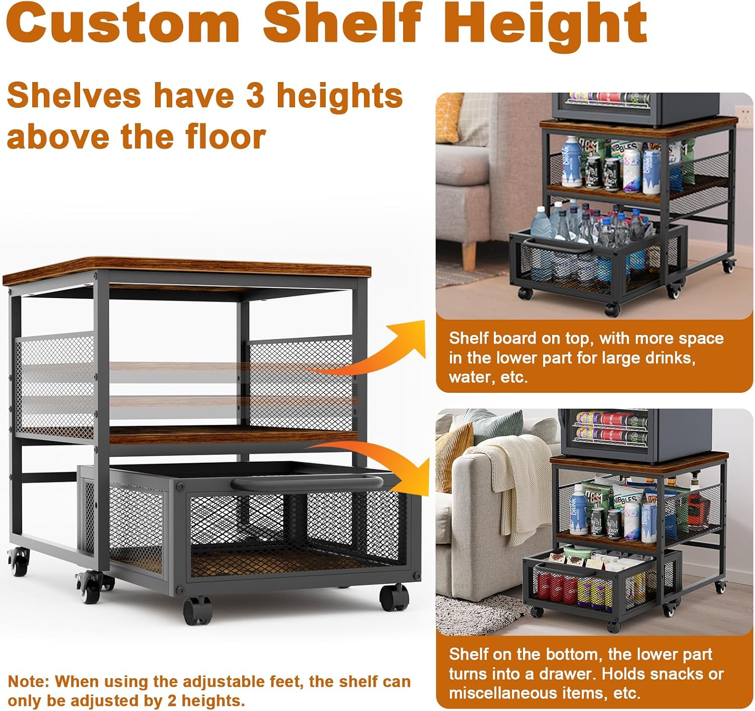 21x21in Mini Fridge Stand with Storage, Heavy Duty Mini Fridge Table with 4 Lockable Wheels for Coffee Bar 220LBS Compact Beverage Refrigerator Stand Cabinet Dorm Fridge Cart for Office Home (Brown)