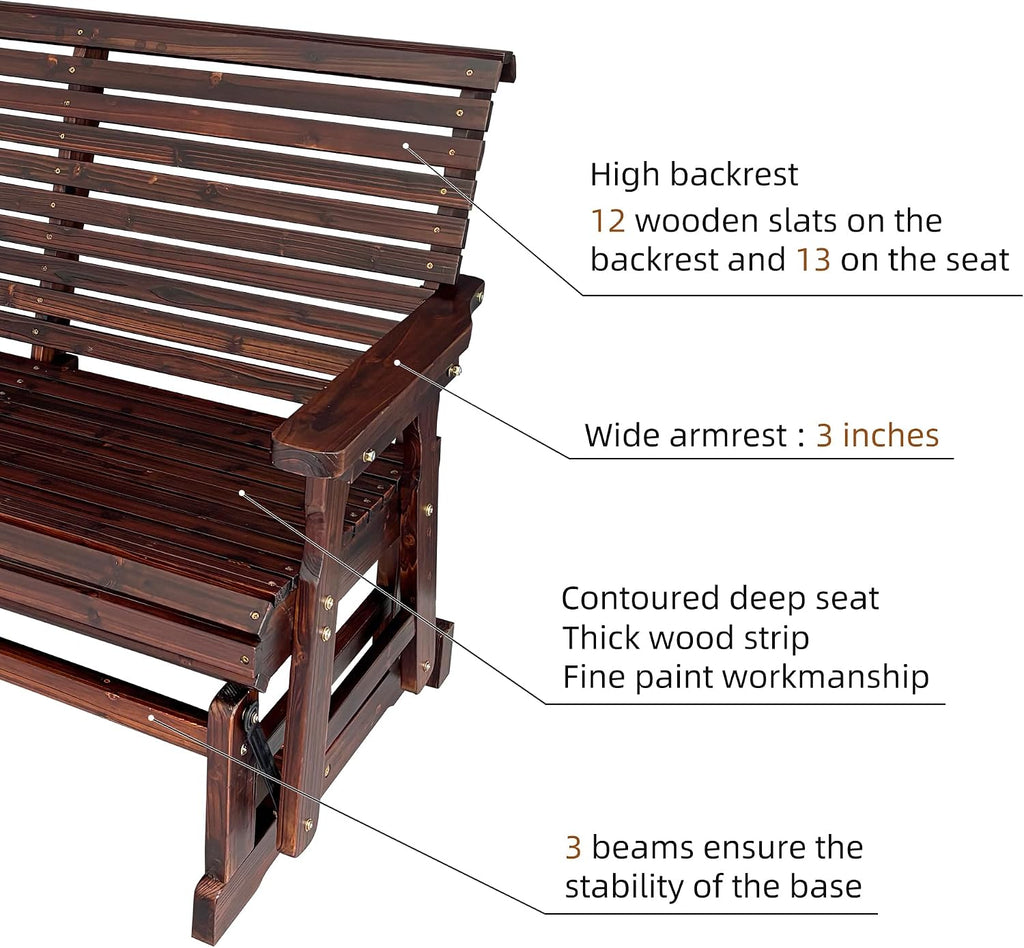 Wooden Patio Glider with High Roll Back and Deep Contoured Seat, Solid Fir Wood, 2-Seater, Heavy Duty 800 LBS, 4 Ft. (Chocolate Tone)
