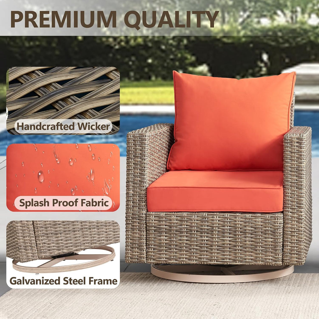 Swivel Rocking Chairs with Comfortable Cushion, PE Wicker Rattan Swivel Chairs, Set of 2 with Cushions for Poolside, Garden, Backyard, Orange