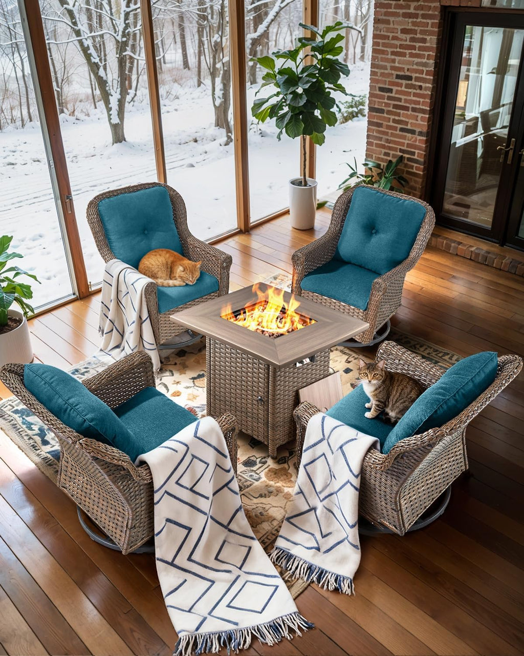 Patio Chairs Outdoor Swivel Glider - Set of 4 High Back Outside Brown Wicker Rattan Rocking Chair with Thick Cushion for Porch Apartment Deck Yard Poolside Garden - Peacock Blue