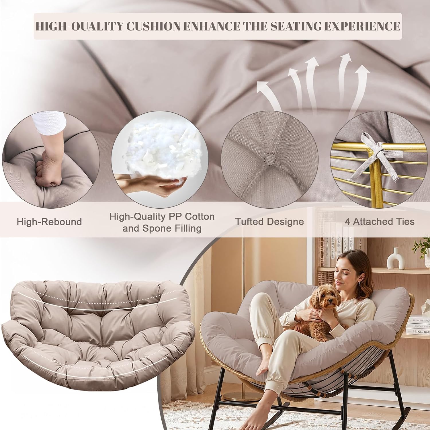 Thickened Waterproof Papasan Rocking Chair Cushion, 6.3'' Patio Egg Chair Pad with Ties, Outdoor/Indoor Rattan Hammock Cushions for Porch, Garden, Balcony(Only Cushion no Chair) (Khaki)
