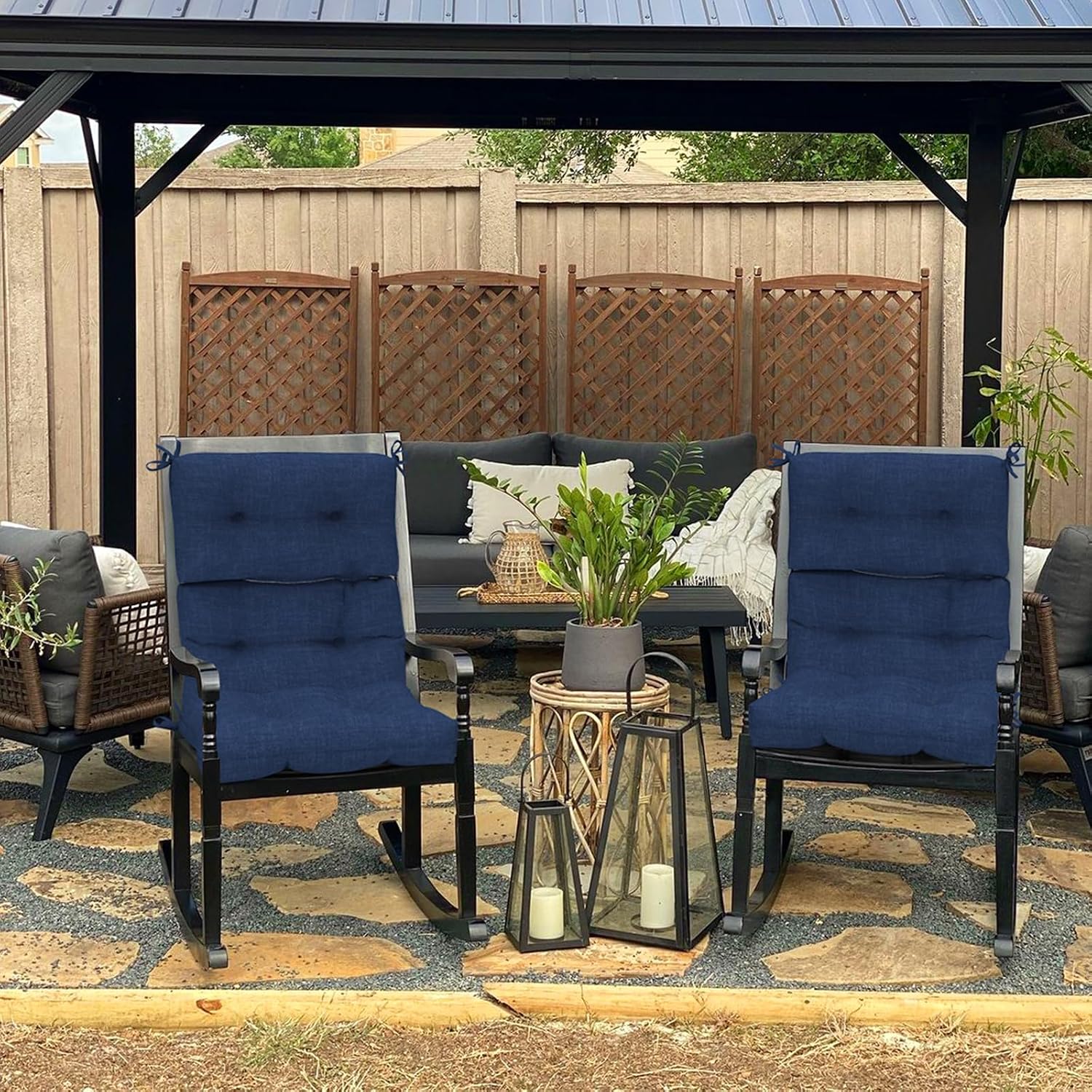 DYTXIII Outdoor High Back Chair Cushions Set of 2, Water Repellent Tufted Rocking Seat Cushions Replacement 44 x 22 Inch, Seat & Back Chair Pads for Patio, Balcony and Indoor Use -Textured Navy