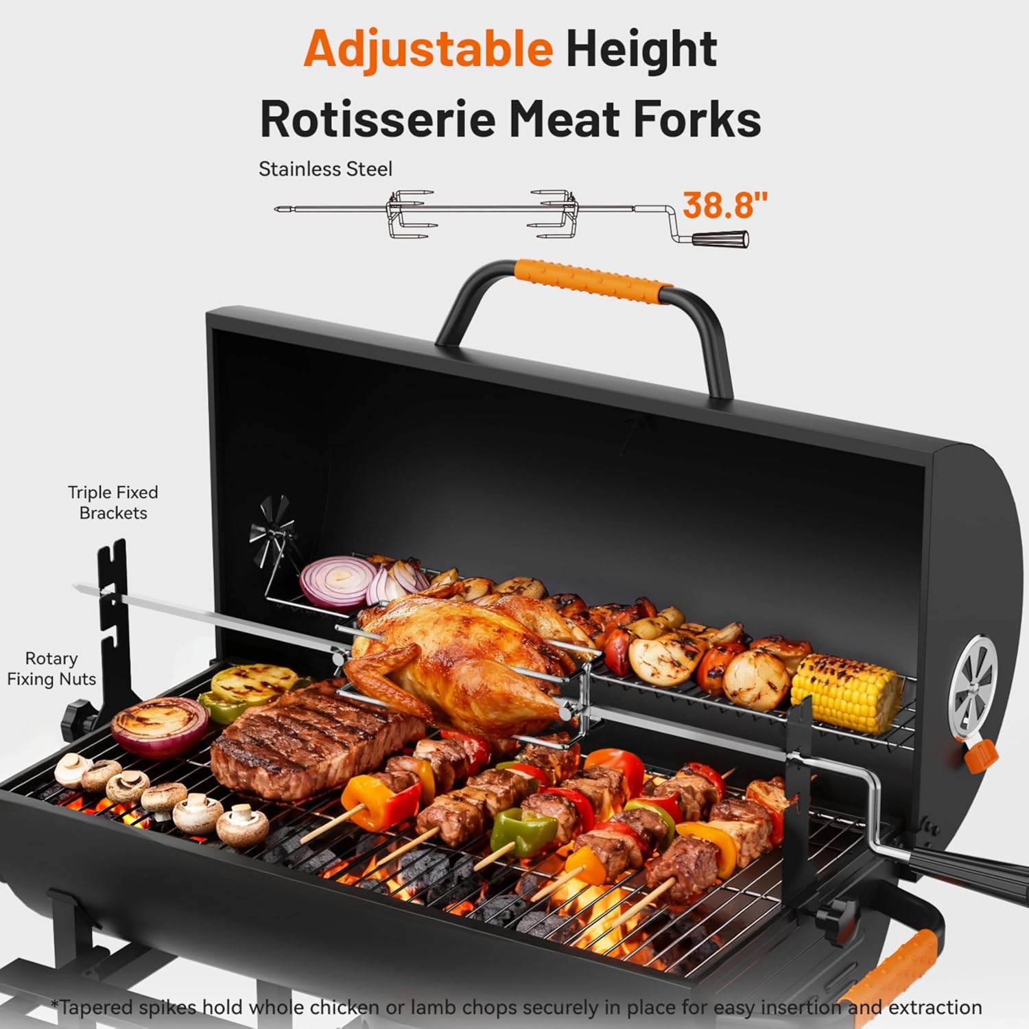 KEYO GRILL 29-Inch Barrel Charcoal Grill, Heavy duty BBQ Grill with Manual Rotisserie Meat Fork, Detachable Windproof Ash Collector Barbecue Smoker Grill Combo for Backyard, Patio and Parties