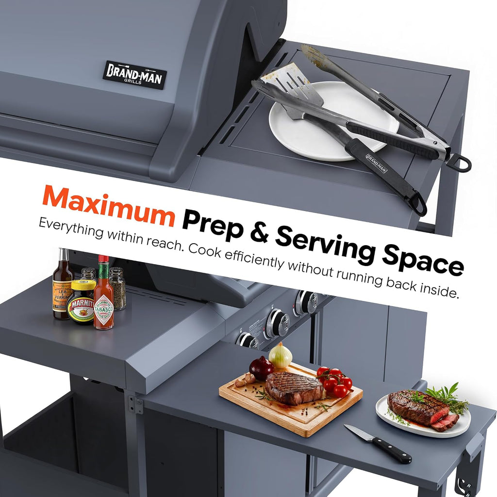 Brand-Man 6-Burner Gas Outdoor Kitchen Grill Island with Side Burner - 72,000 BTU Stainless Steel BBQ Grill Station with Storage Cabinets, Fold-out Prep Table, LPG/NG Convertible, Gray