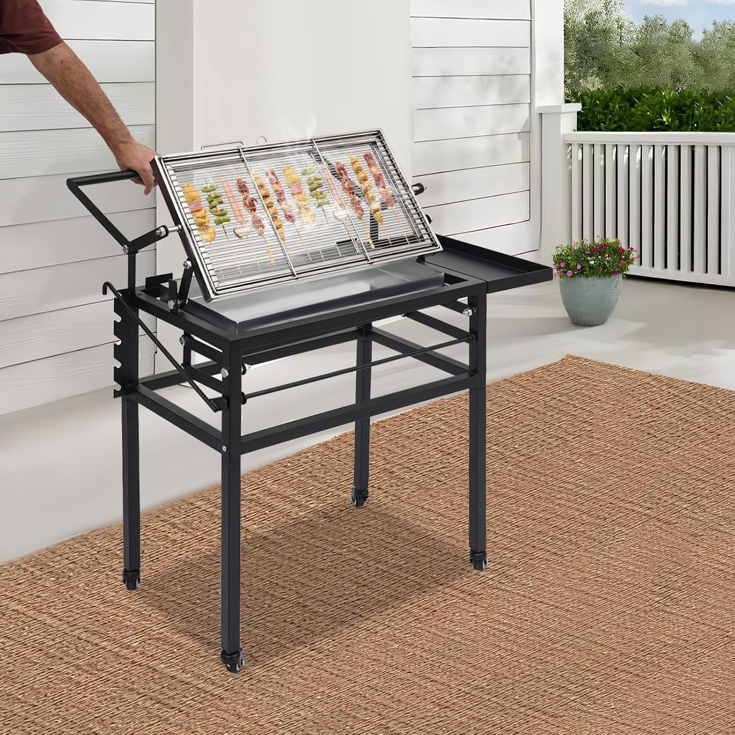 360° Rotating Charcoal Grill with Removable Legs - Portable BBQ Grill for Outdoor Camping, Backyard & Tailgating, Adjustable Height, 2 Lockable Wheels & Side Tray, Easy to Clean & Assemble