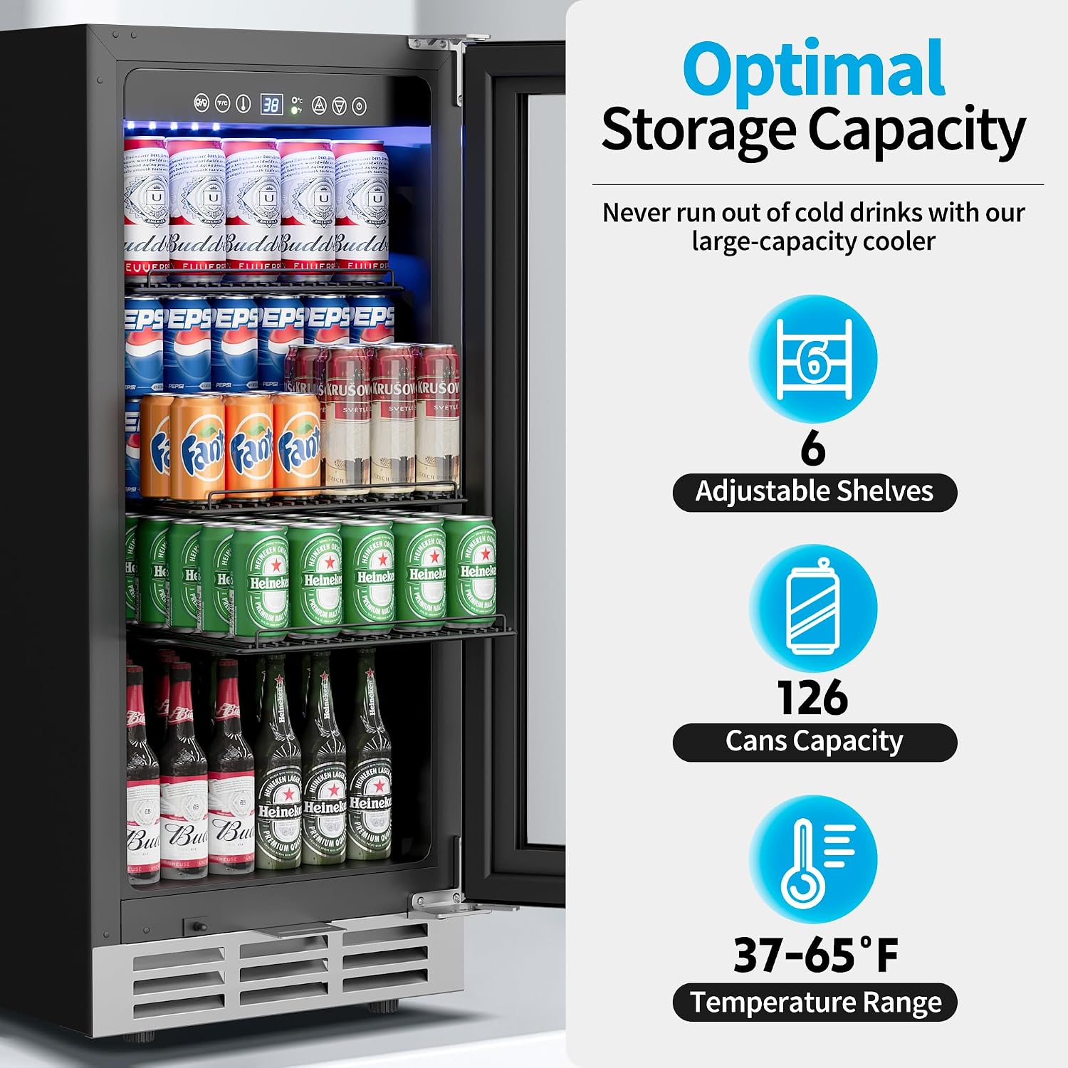 Feelfunn 15 Inch Beverage Refrigerator Under Counter - 126 Cans Beverage Fridge with Glass Door for Beer Wine Soda - Built-in or Freestanding Wine Cooler with Safety Lock for Home Kitchen Bar
