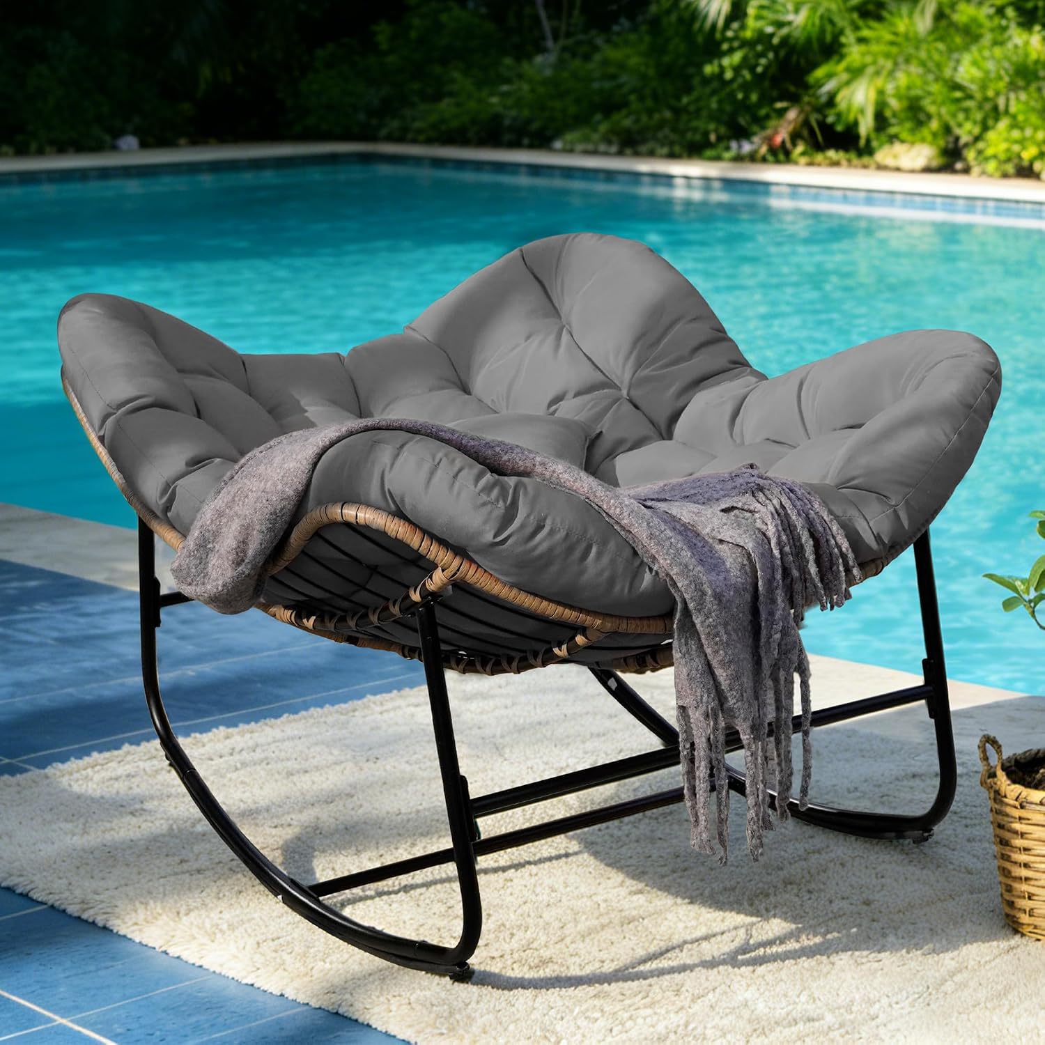 Papasan Rocking Chair for Outdoor & Indoor, Oversized Patio Rocking Chair with Cushions & Steel Frame, Wicker Egg Lounge Chair, Comfy Reading Chair for Patio, Deck, Porch (Grey, Style 2)