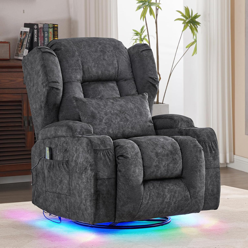 Power Swivel Rocker Recliner Chair with Massage & Heat, Dual Motor Electric Glider Rocking Recliner with USB Ports, Cup Holders & LED Light for Living Room, Home Theater (Grey)