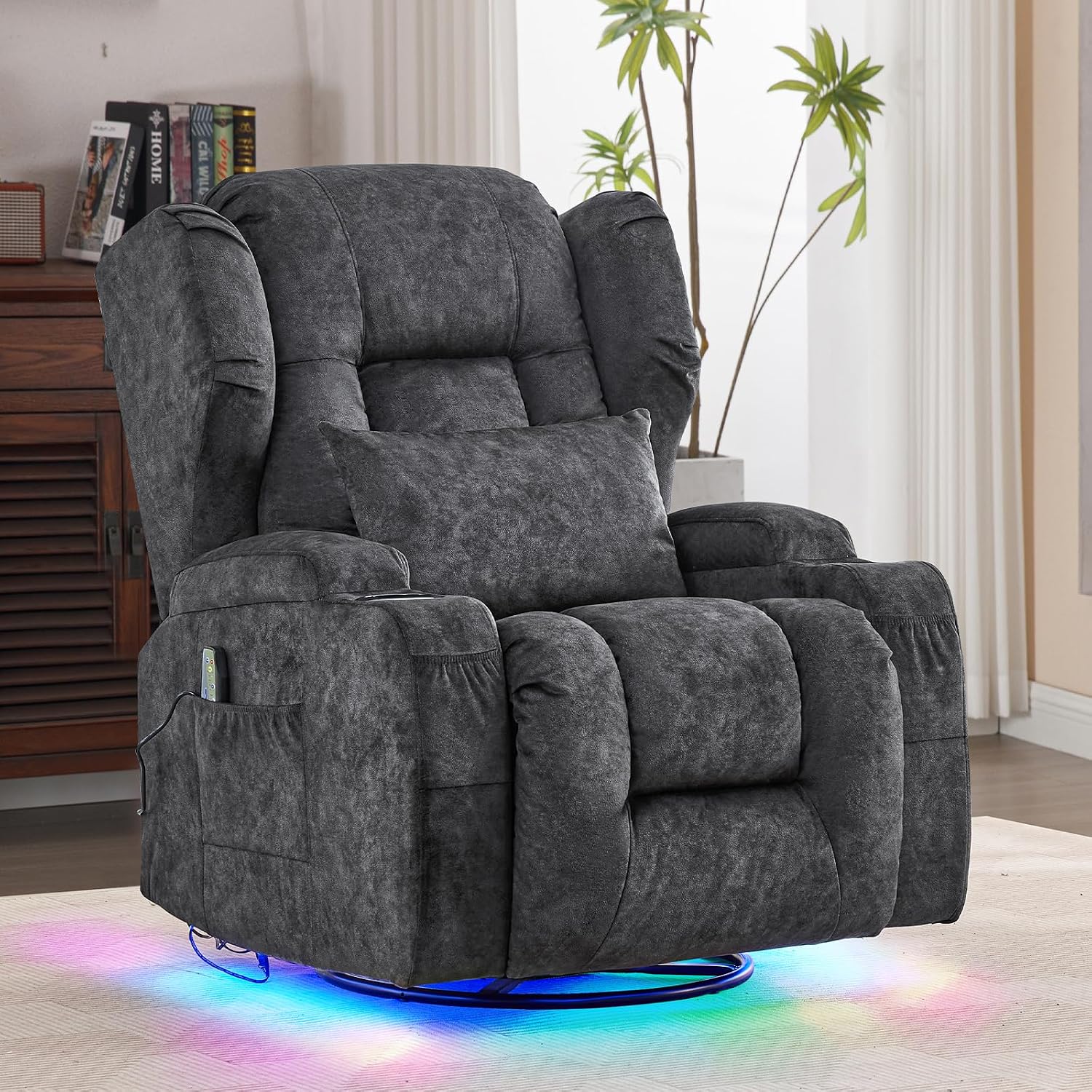 Power Swivel Rocker Recliner Chair with Massage & Heat, Dual Motor Electric Glider Rocking Recliner with USB Ports, Cup Holders & LED Light for Living Room, Home Theater (Grey)