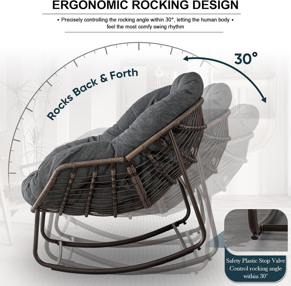 Outdoor Rocking Chair, Patio Oversized Wicker Egg Rocking Chair, Indoor & Outdoor Comfy Rocker Chair with Thick Cushion, Modern Lounge Chair for Balcony, Front Porch, Garden, Backyard, Deck, Grey