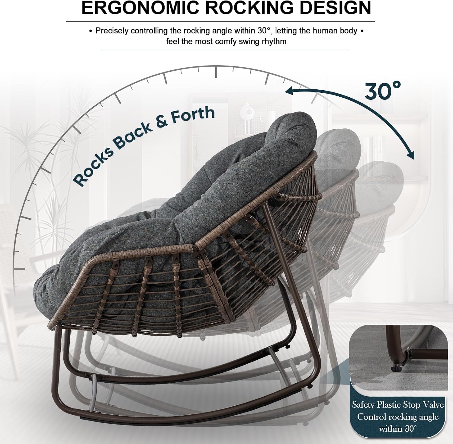 Outdoor Rocking Chair Set of 2, Patio Oversized Wicker Egg Rocking Chair, Indoor & Outdoor Comfy Rocker Chair with Thick Cushion, Modern Lounge Chair for Balcony, Porch, Garden, Backyard, Deck, Grey