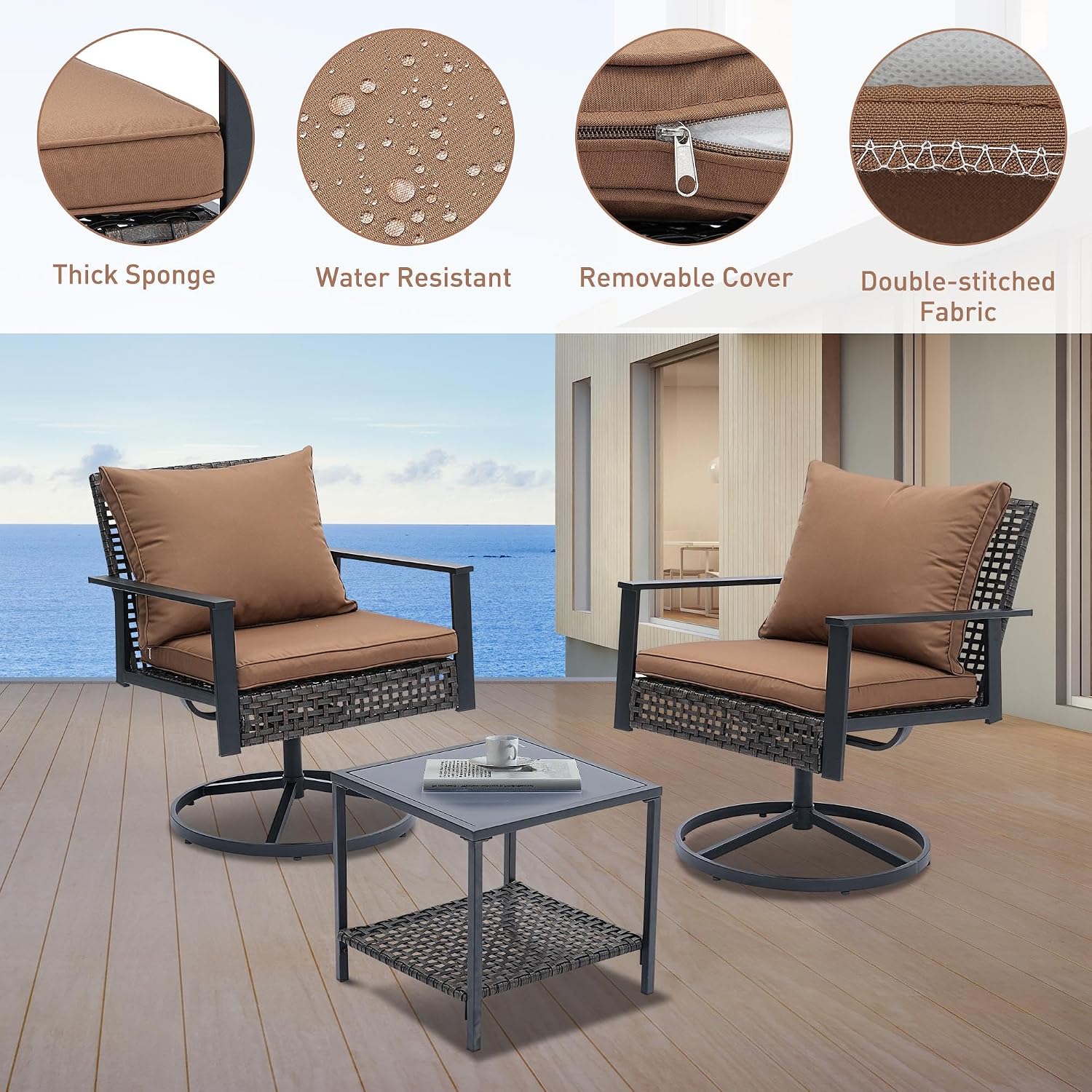GDY Outdoor Patio Swivel Rocking Chairs Set, Patio Porch Furniture with Thick Cushions, 3 Pieces Outdoor Bistro Set with Rattan Side Table, Loading capacity 440LBS, for Garden, Porch, Poolside, Brown.