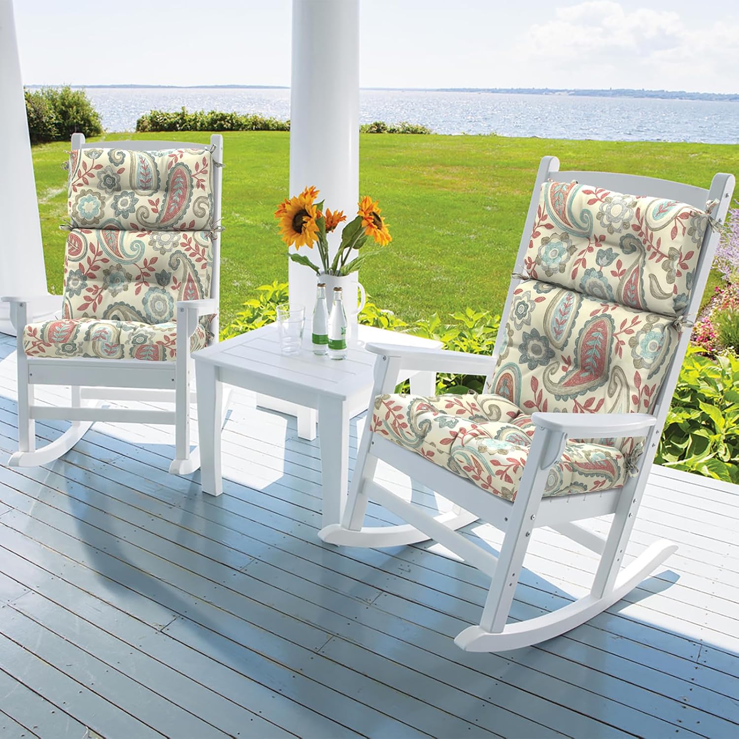 DYTXIII Outdoor High Back Chair Cushions Set of 2, Water Repellent Tufted Rocking Seat Cushions Replacement 44 x 22 Inch, Seat & Back Chair Pads for Patio, Balcony and Indoor Use -Paisley Vintage