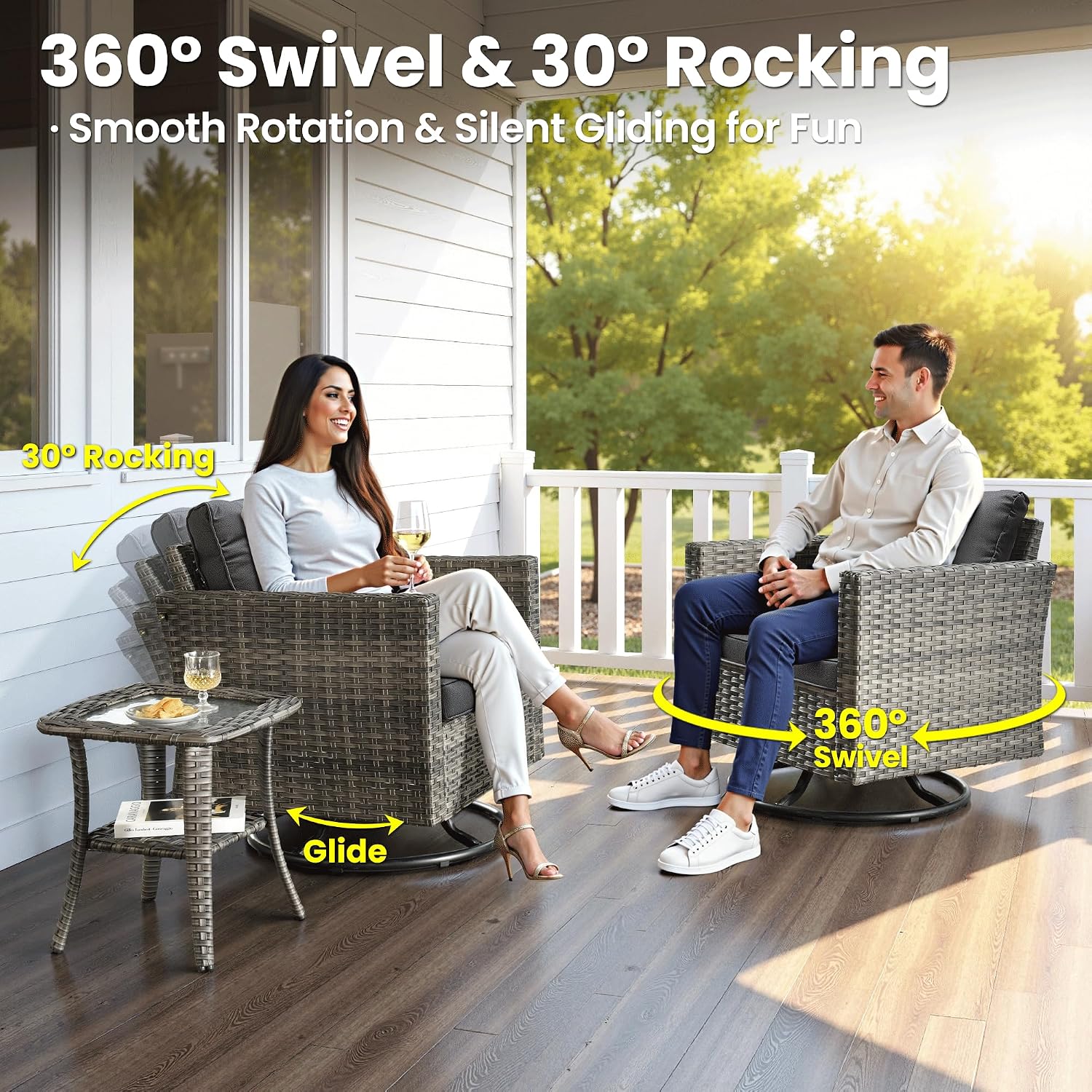 ovios 3 Pieces Patio Swivel Chairs with Side Table, Outdoor Wicker Rocking Chairs of 2 with Comfy Cushions, Rattan Glider Rocker Bistro Set for Porch Deck, Black