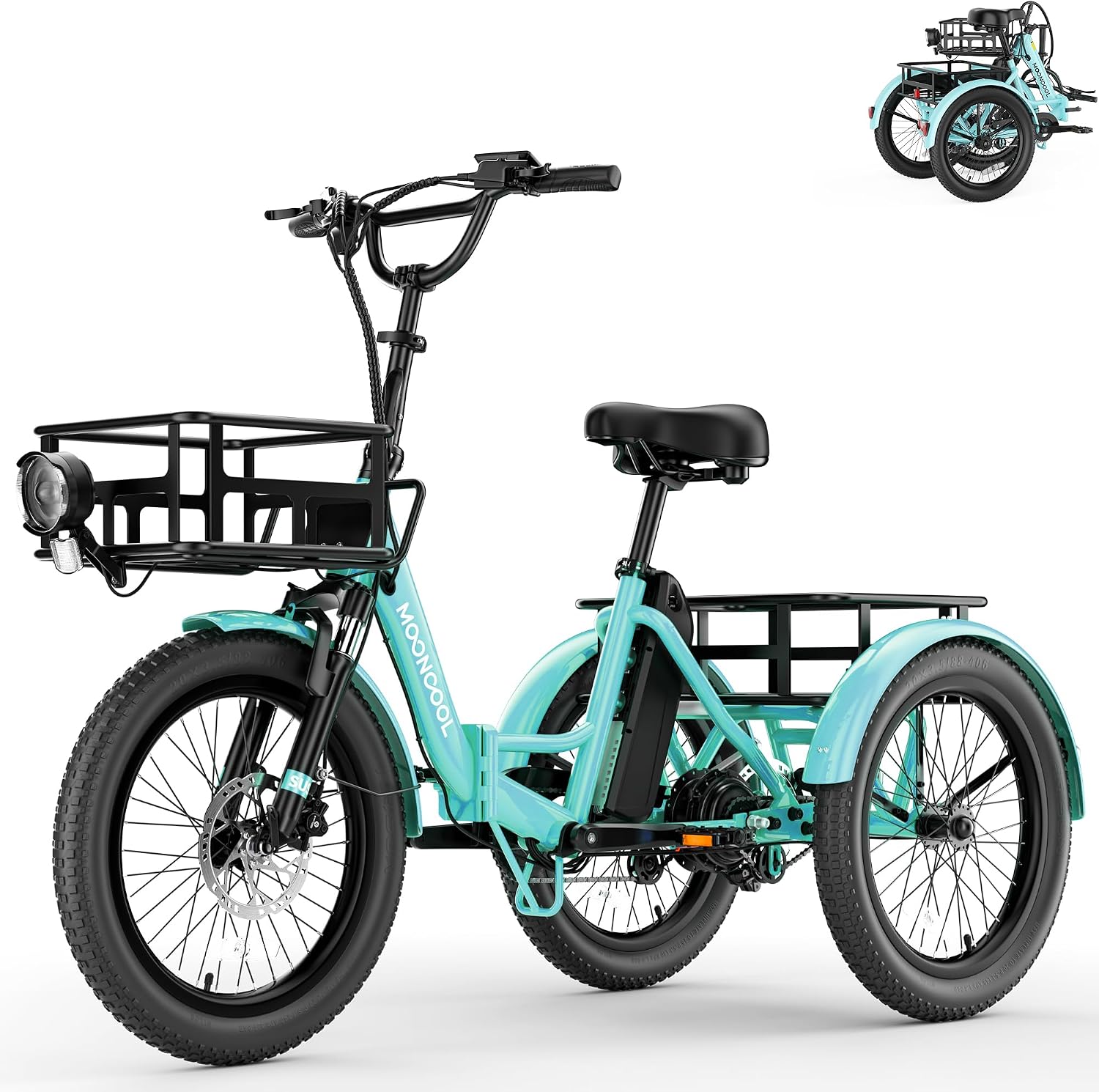 MOONCOOL Foldable Electric Tricycle for Adults, 20' Aluminum Etrike Fat Tire, Rated 500W 48V 15Ah Rear Differential, Front Suspension, 15.5MPH, 450LBS Payload, 95% Pre-Assembled