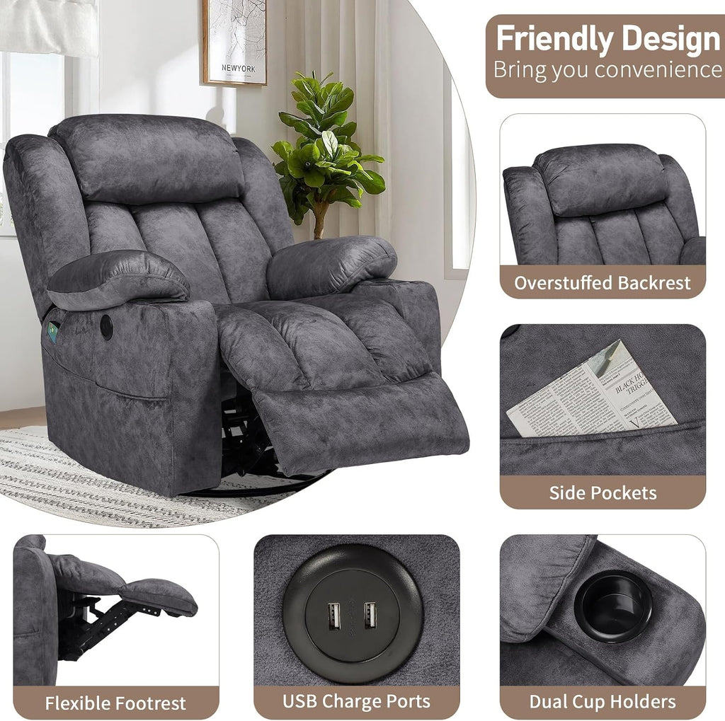 Swivel Rocker Recliner Chair with Heat and Massage, Manual Glider Rocking Reclining Chair, 360° Swivel Overstuffed Lounge Chair with 2 Cup Holders, Side Pockets & USB Ports, Fabric Grey