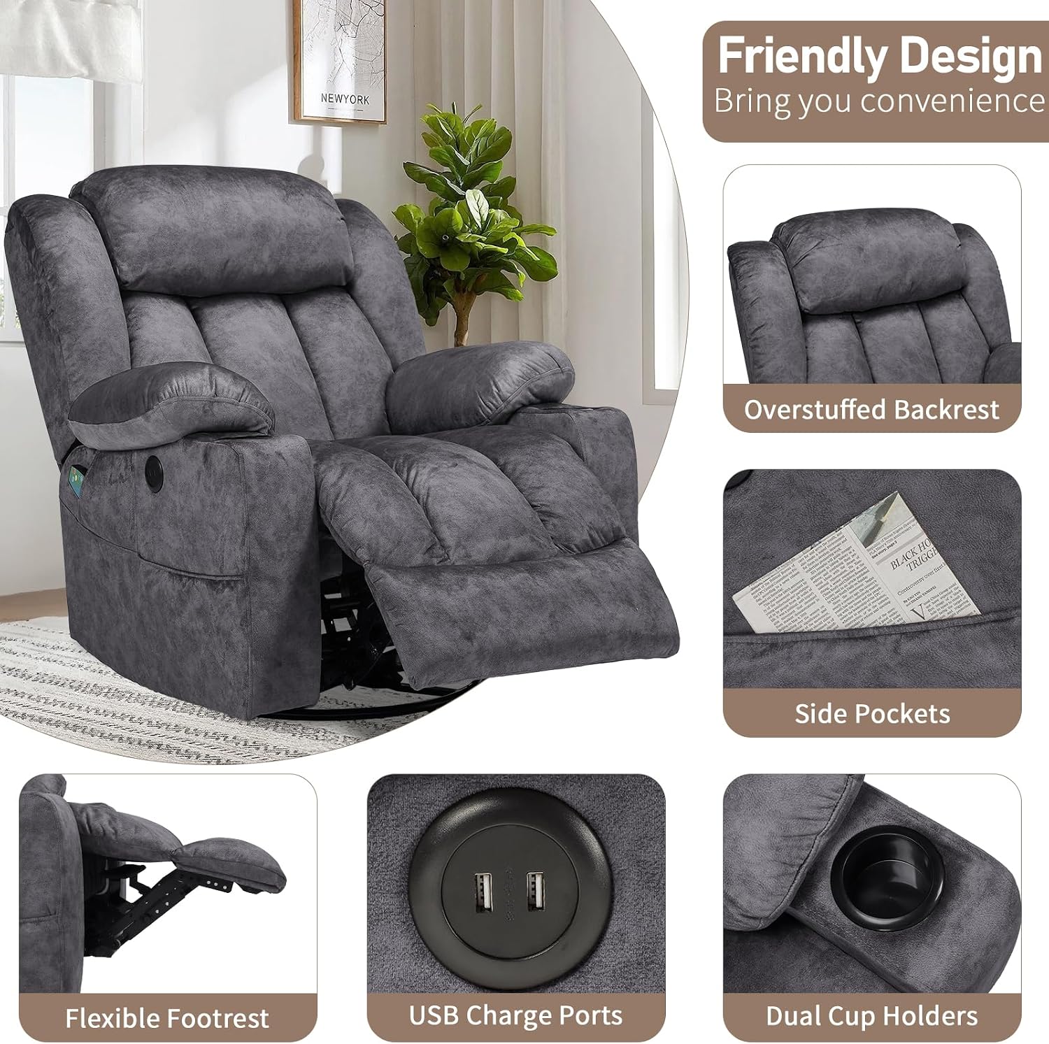Swivel Rocker Recliner Chair with Heat and Massage, Manual Glider Rocking Reclining Chair, 360° Swivel Overstuffed Lounge Chair with 2 Cup Holders, Side Pockets & USB Ports, Fabric Grey