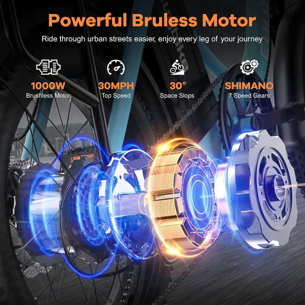 Auloor Foldable Electric Bike for Adults, Peak 1000W Brushless Motor 70Miles City Commuter Ebike, 48V 20AH Lithium Battery, 20' Fat Tire 7-Speed E-Bicycle with Front Suspension Colourful LCD Display