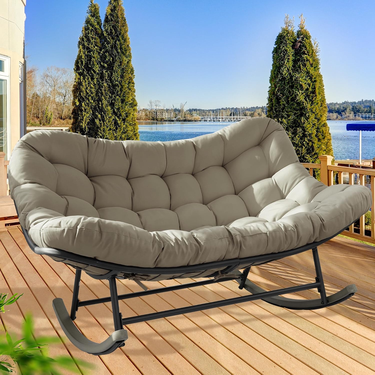 Double Papasan Rocking Chair Outdoor & Indoor, 660LBS Capacity Oversized Patio Rocking Chair for 2-Person with Thick Cushion and Frame,Egg Rocking Chair for Garden, Deck, Living Room,Brown