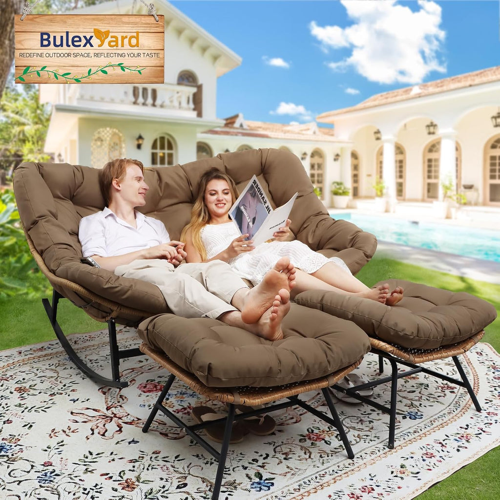 BULEXYARD Double Papasan Rocking Chair Outdoor, 2 Person Oversized Wicker Patio Egg Rocking Chair with Cushion, Heavy Duty Comfy Loveseat for Balcony, Porch, Garden (Brown, 2 Seats w/Ottoman)