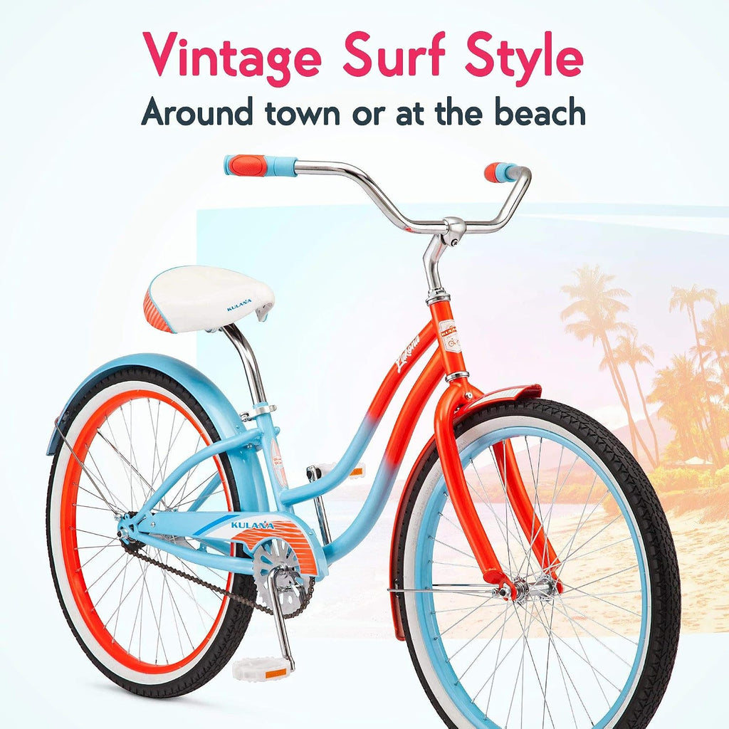 Kulana Lakona Shore, Tide or Wave Cruiser Bike, 20, 24 or 26 Inch Bike for Adults and Youth, 7 or Single Speed Beach Cruiser Bicycle, Rear Coaster Brake, Extra Wide, Cushioned Seat, Fenders
