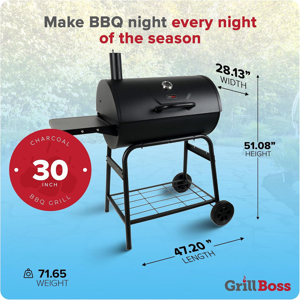 Grill Boss 30 Inch Barrel Charcoal Grill with Adjustable Grate, Large Cooking Area, Built In Temperature Gauge, and Durable Cast Iron Grates, Black