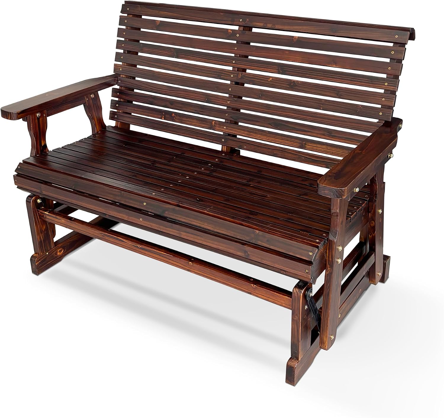 Wooden Patio Glider with High Roll Back and Deep Contoured Seat, Solid Fir Wood, 2-Seater, Heavy Duty 800 LBS, 4 Ft. (Chocolate Tone)